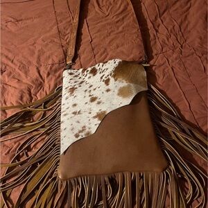 American Darling Tan and White Crossbody Bag with Fringe